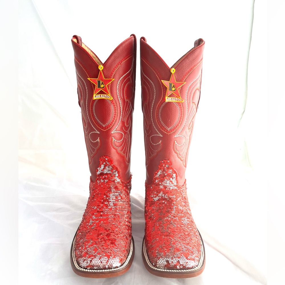 ♥️ Cowgirl Red Sequined Leather Los Altos Western women’s 12,5 Boots - Picture 3 of 13